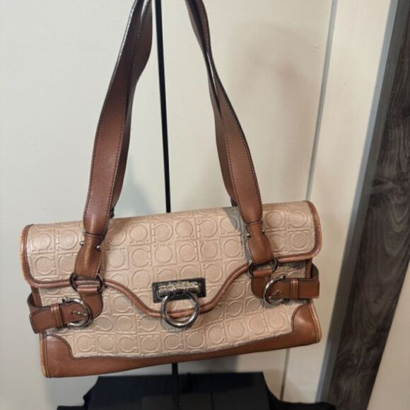 Salvatore Ferragamo Handbags - Salvatore Ferragamo Brown Gancini Embossed Leather Shoulder Bag